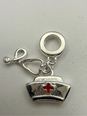 Silver Nurse Hat Dangle Charm with Red Cross Accent